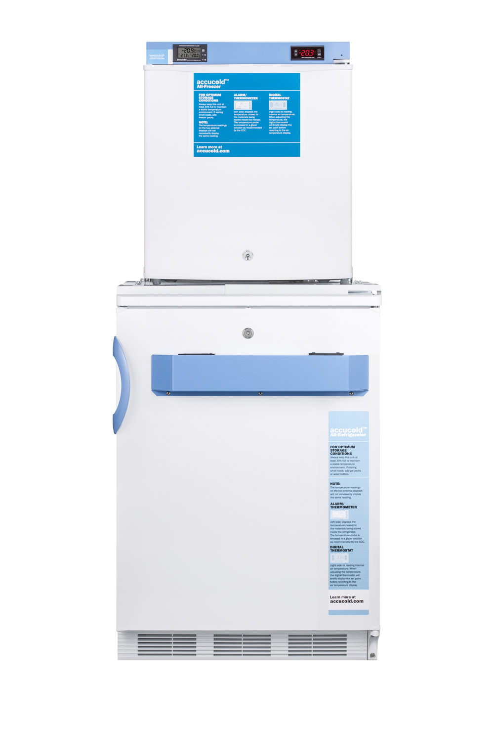 Stacked combination of FF7LWBIMED2 auto defrost all-refrigerator and FS24LMED2 compact manual defrost all-freezer, both with locks, digital controls, and NIST calibrated alarm/thermometers